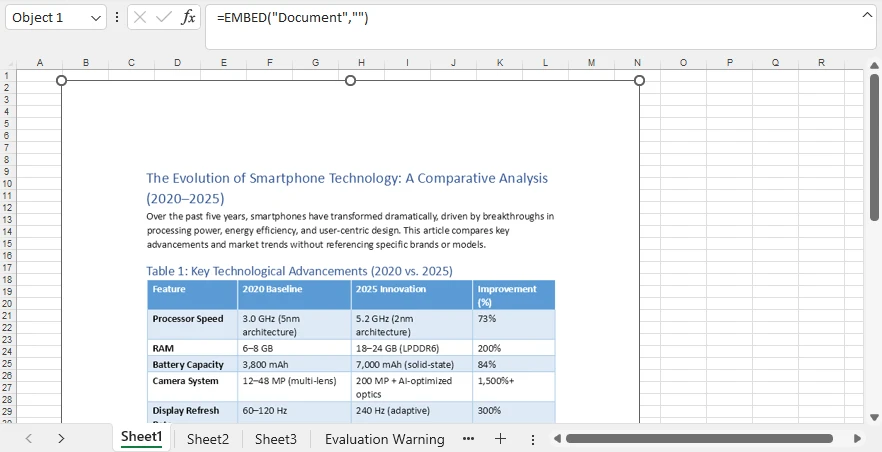 Excel worksheet with an embedded Word document generated by Python