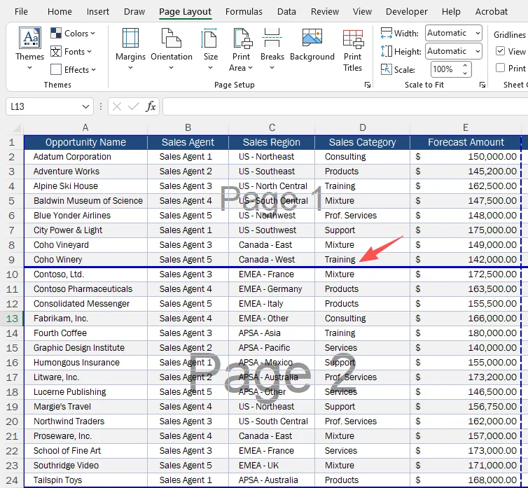 Horizontal page break inserted above the selected row in Excel
