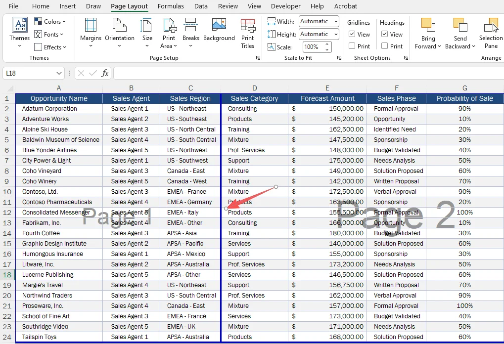 Vertical page break inserted to the left of the selected column in Excel