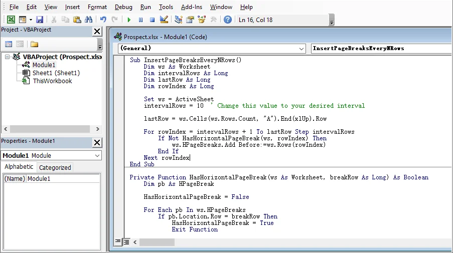 VBA script to insert page breaks every N rows in Excel