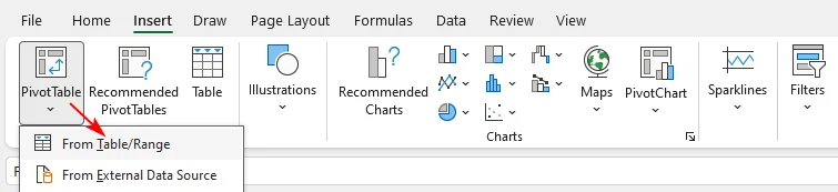 Create pivot table from table or range in MS Excel