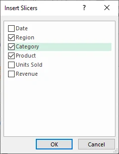 Caixa de diálogo Inserir Segmentação de Dados do Excel listando as colunas da tabela.