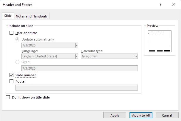 Header and Footer dialog box in PowerPoint with the Slide number option selected