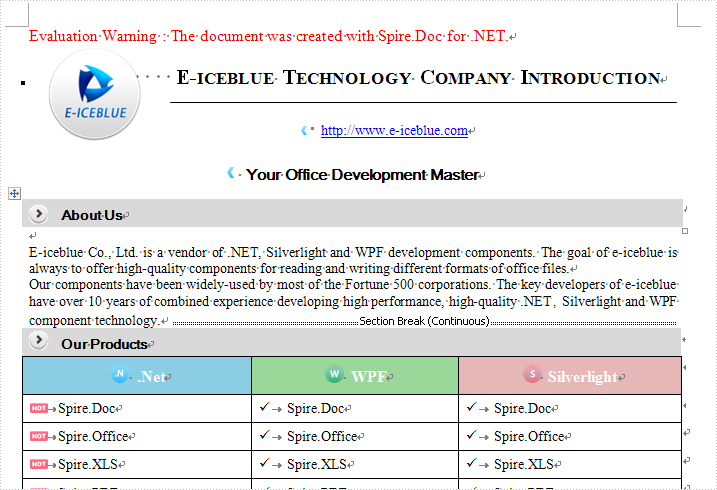 Insert section break in a document