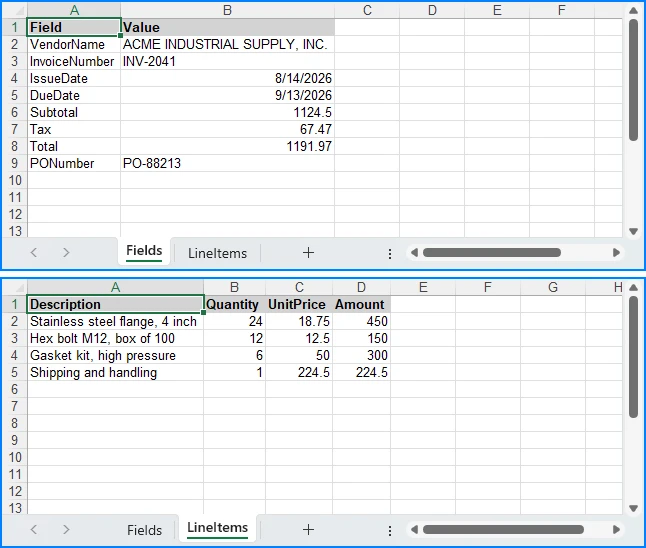 Example output: the agent's classification result and the extracted invoice data written to the Fields and LineItems worksheets of a real workbook