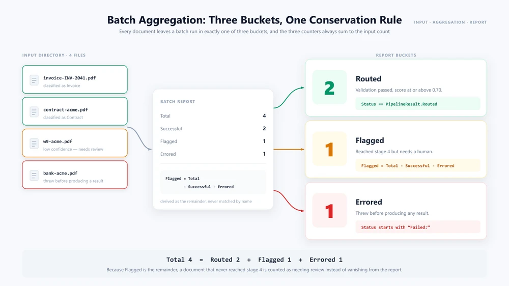 Batch aggregation: documents are counted into Routed, Flagged, and Errored, with Flagged derived as the remainder so the three counters always sum to the total