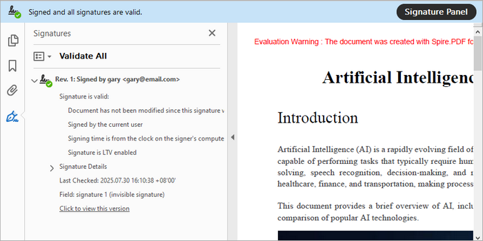 A PDF file containing an invisible digital signature.