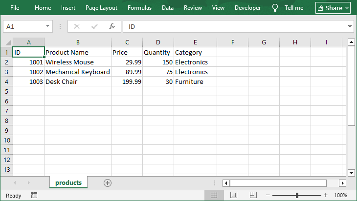A basic CSV file created with Spire.XLS for Java
