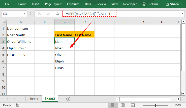 Excel LEFT split text formula to extract the first name from cell A1