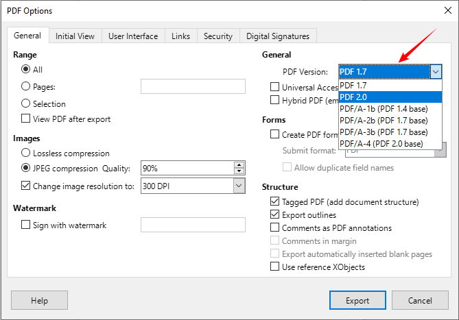 Cambia versione PDF nelle impostazioni di esportazione di LibreOffice Draw