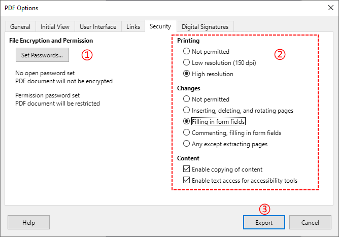 LibreOffice PDF Options Security tab to customize permissions