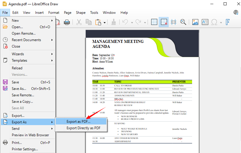LibreOffice Draw Export as PDF menu option