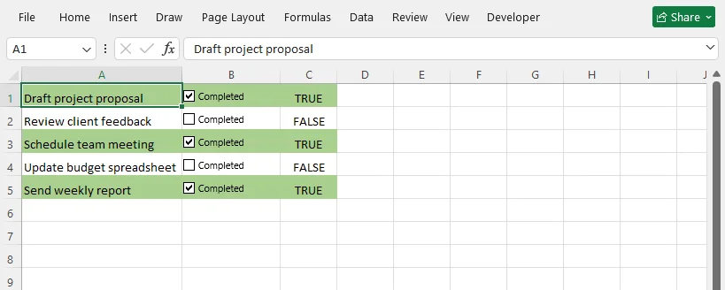 Completed tasks highlighted in green based on checkbox states