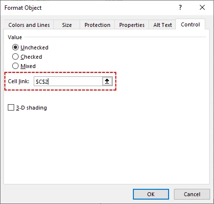 Format Control dialog with Cell link field pointing to a worksheet cell