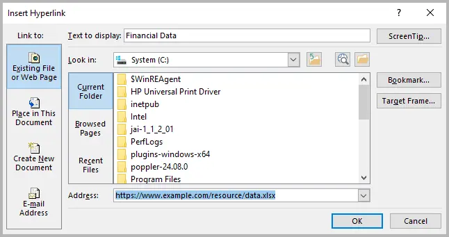 Specify the url address for the hyperlink