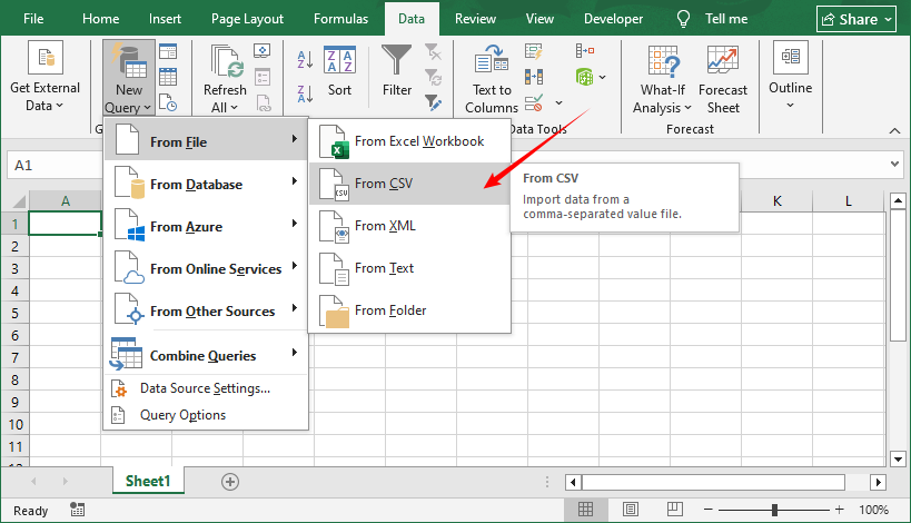 Excel Data tab for importing a CSV file.
