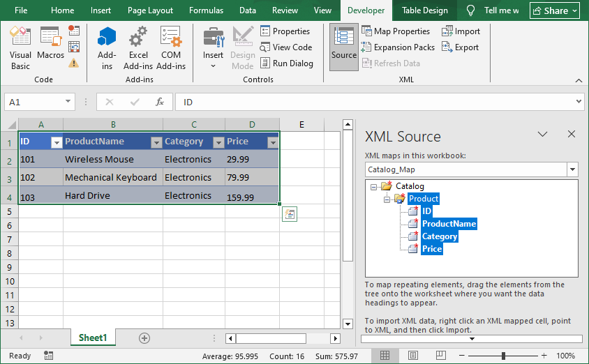 Excel-Arbeitsblatt mit XML-Elementen, die Spaltenüberschriften zugeordnet sind.