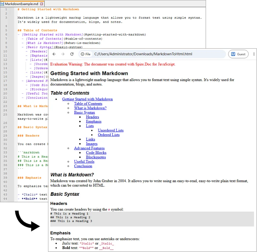 Markdown file converted to HTML with JavaScript in React