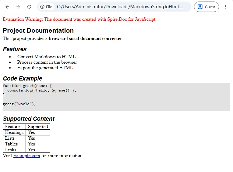 Markdown string converted to HTML with JavaScript in React