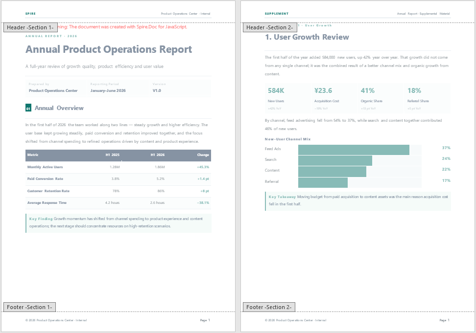 After merging by section, each section of the source document occupies its own page in the target document