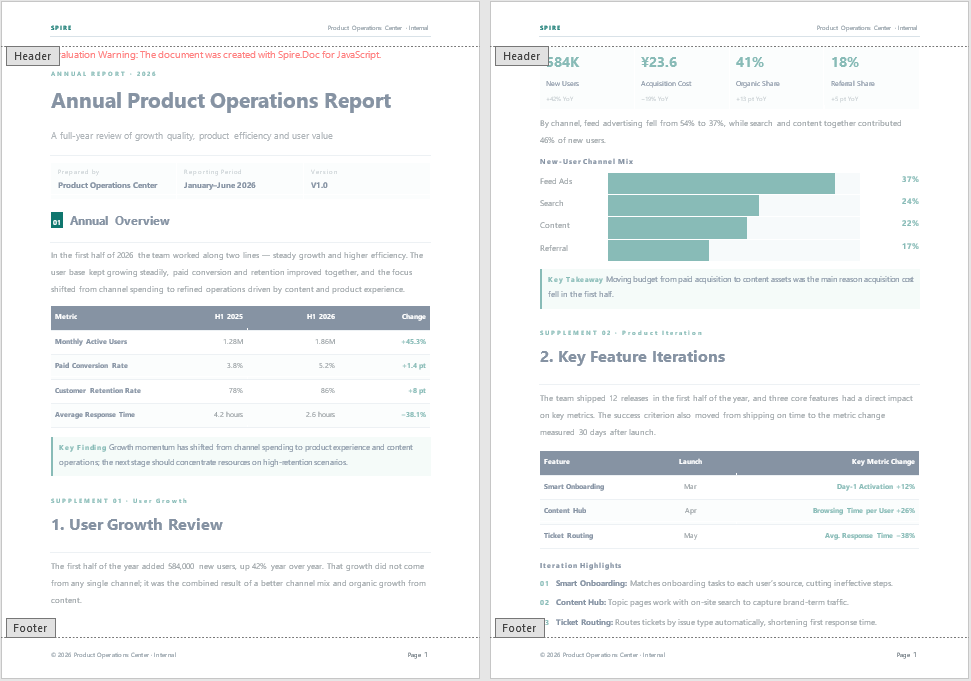 After same-page merging, the source document's content is appended continuously to the last section of the target document, producing no page breaks