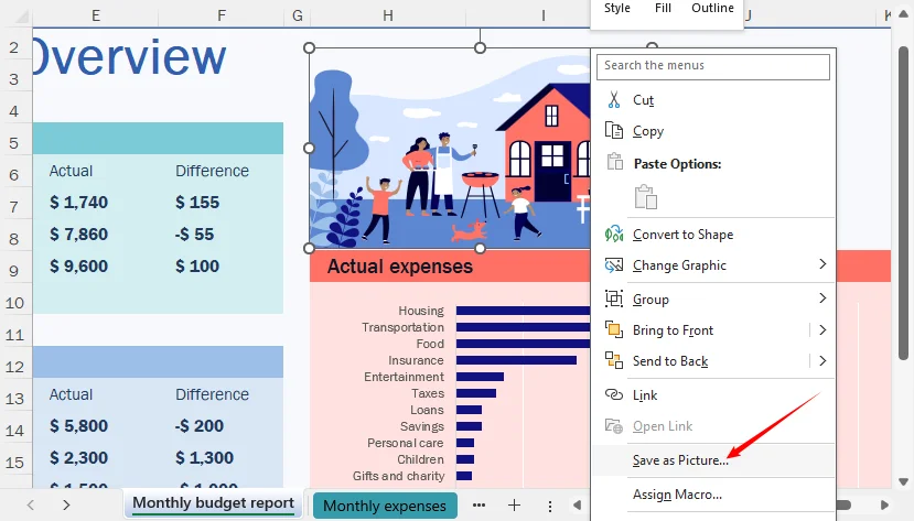 Excel right-click menu with “Save as Picture” option