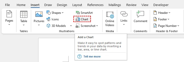 Microsoft Word Insert tab ribbon with the Chart button.