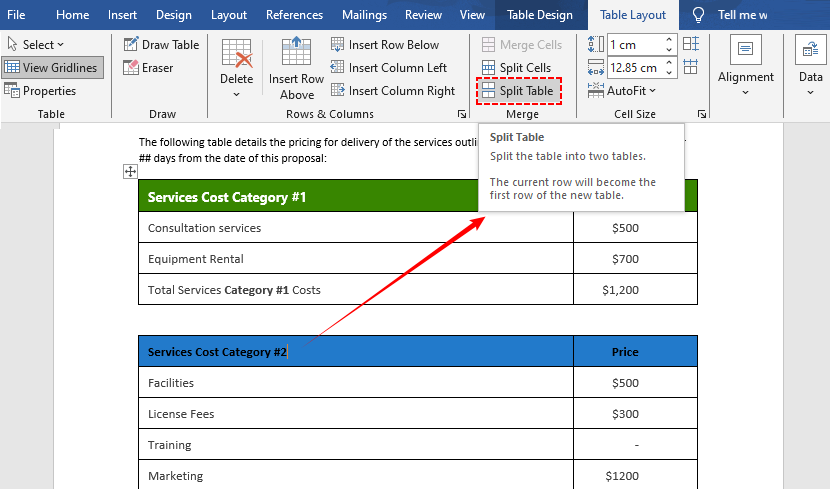 Word ribbon with Split Table button under Table Layout tab