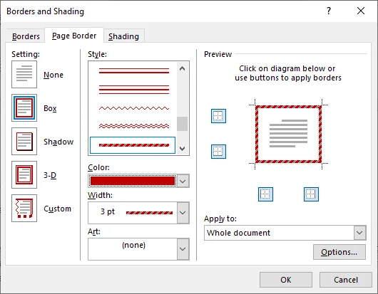Borders and Shading dialog box showing style, color, width and apply-to options