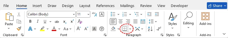 Microsoft Word Home tab showing the Borders dropdown button