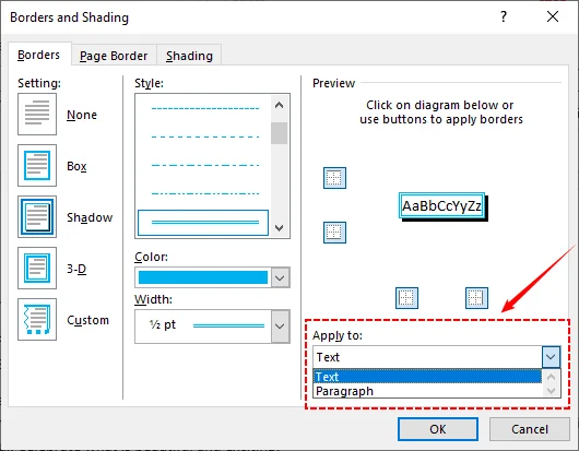 Borders and Shading dialog box for adding a Text or Paragraph border