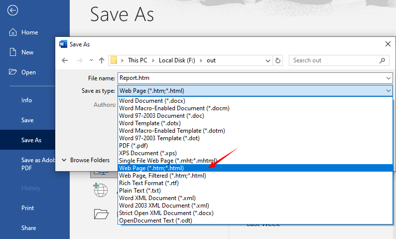 Exporter Word en page Web via Enregistrer sous