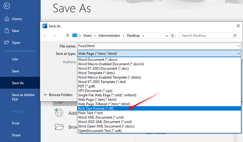 Microsoft Word salva HTML in formato RTF