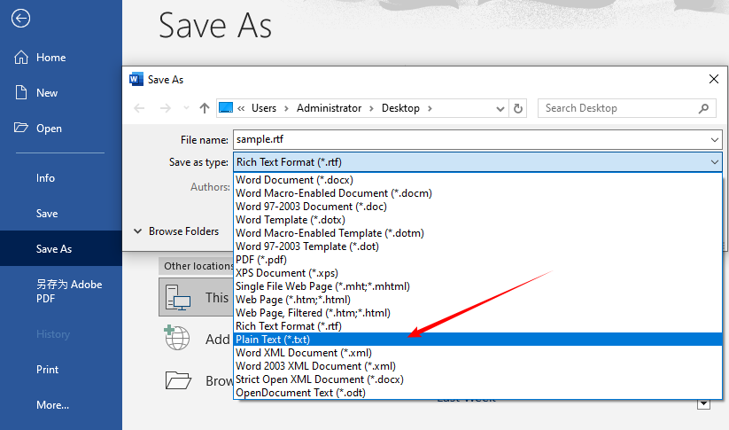 Save as Plain Text option in Microsoft Word