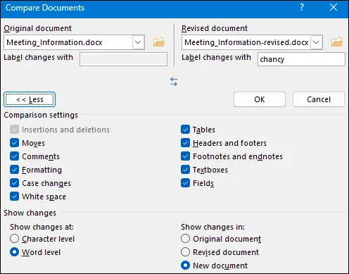 configure a ferramenta integrada para comparar dois documentos diferentes do word