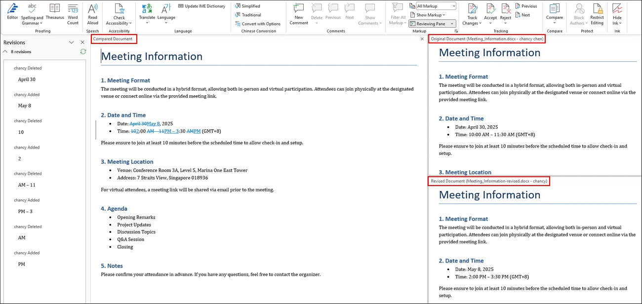 resultado da comparação integrada do microsoft word