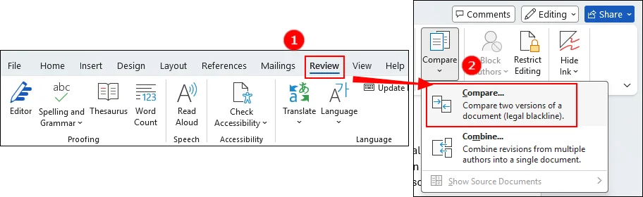 use a ferramenta integrada para comparar dois documentos diferentes do word