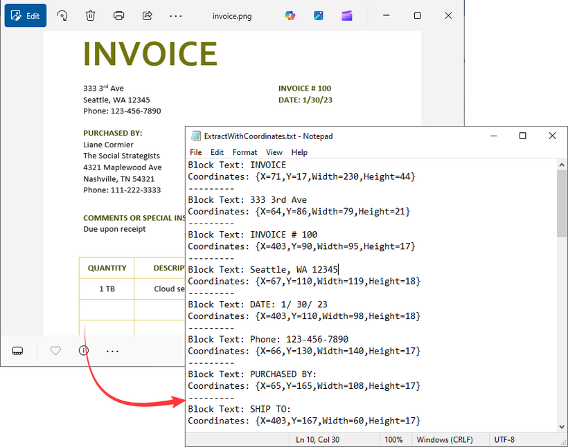 Extract text with coordinates from a PNG image