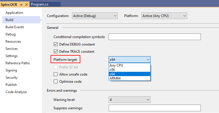 Set x64 platform target for OCR project