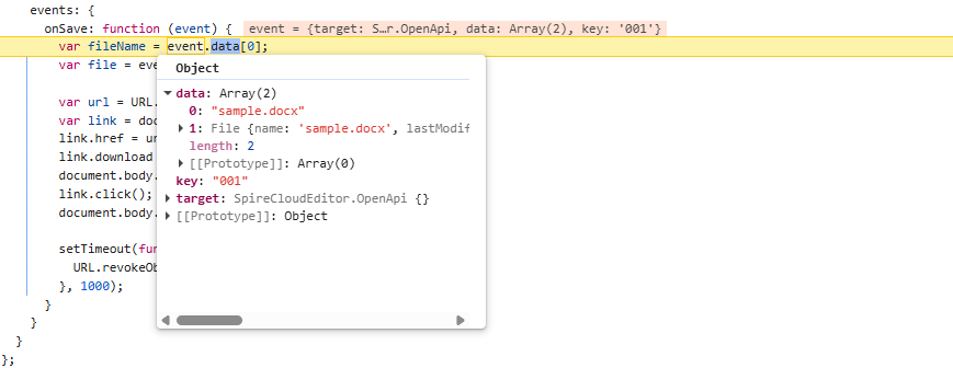 Viewing event.data at an onSave breakpoint