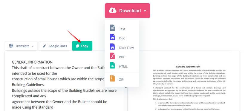 i2OCR extracted text results with download options