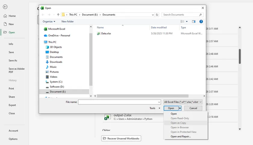 Open an Excel File as Copy