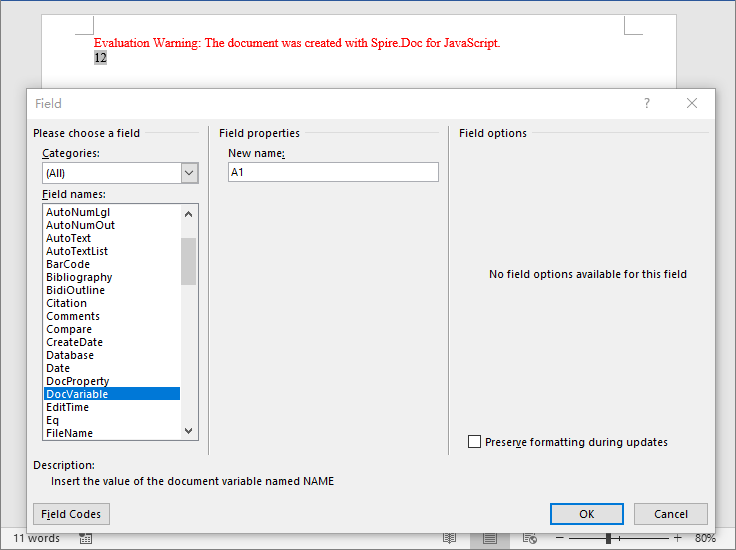 Word document output after adding document variables