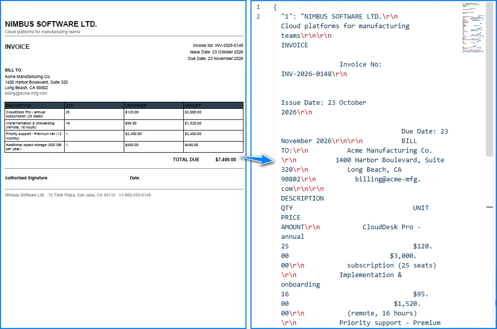 PDF text content on the left and the extracted JSON on the right