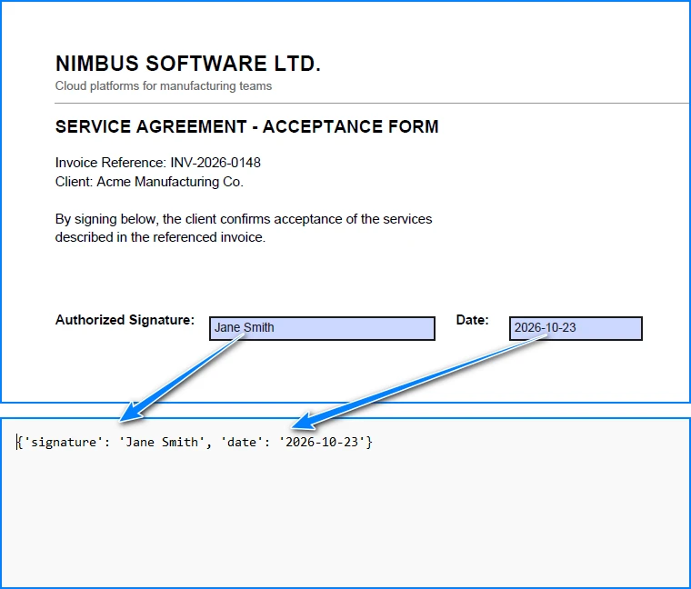 PDF form fields on the left and the extracted field values on the right