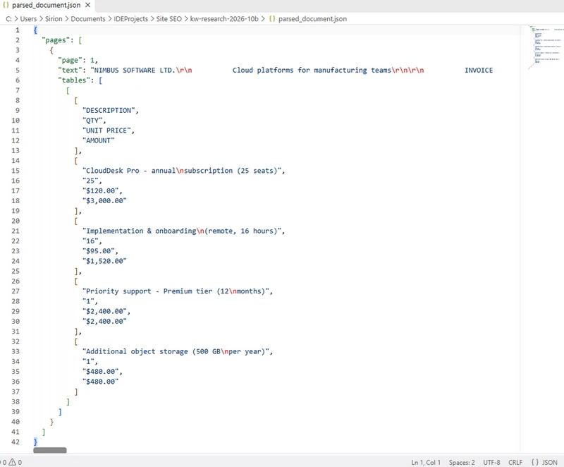 PDF document on the left and the unified JSON output on the right
