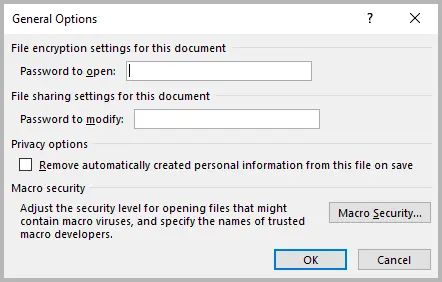 enter password to open or modfy