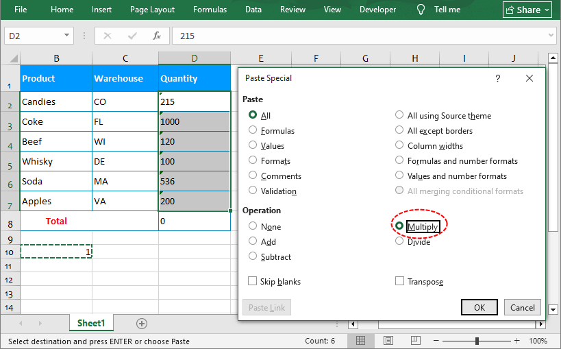 Excel’s paste special option with Multiply operation selected