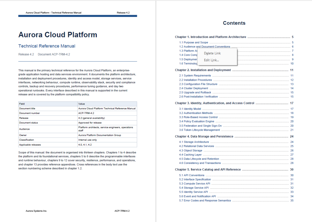 The PDF with a contents page generated after the cover