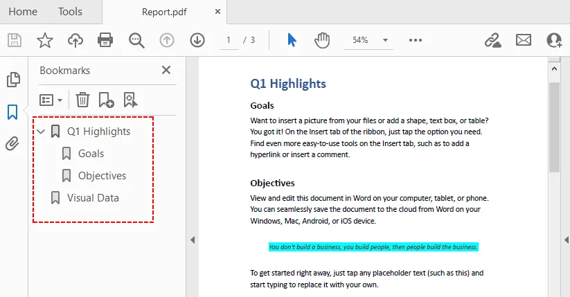 I segnalibri PDF generati dalle intestazioni di Word.